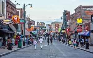 Beale Street in Memphis, Tennessee at dusk, near local parks and community spaces served by Bliss Products and Services