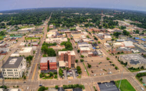 Aerial view of Jackson, Tennessee showcasing urban layout and community infrastructure supported by Bliss Products and Services