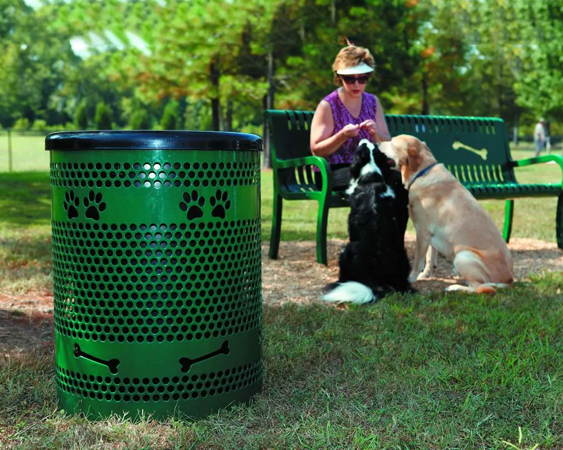 deep green matching dog park trash bin and outdoor bench
