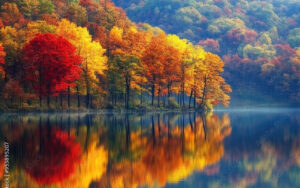 Autumn foliage reflecting in Bays Mountain Lake in Kingsport, Tennessee – stock photo used by Bliss Products and Services