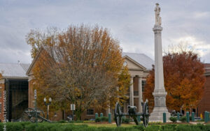 Civil War monument and courthouse with fall trees in Franklin, Williamson County, Tennessee – featured by Bliss Products and Services.