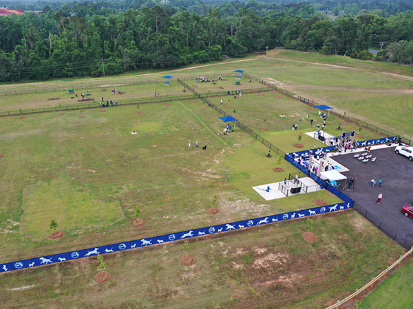Aerial Overview – Apalachee Dog Park by Bliss Products and Services Aerial view of Apalachee Regional Park Dog Park in Leon County, Florida, featuring fenced play zones and amenities by Bliss Products and Services.