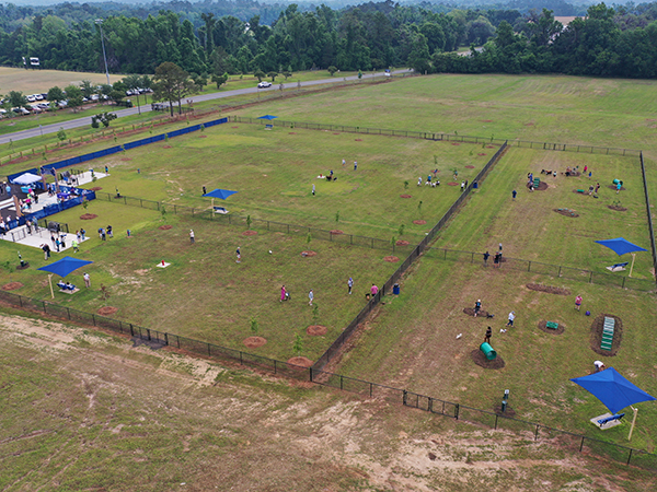 Aerial – Apalachee Regional Park Dog Park, Leon County | Bliss Products and Services Aerial view of Apalachee Regional Park Dog Park in Leon County, Florida, designed and installed by Bliss Products and Services.