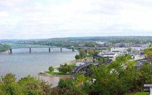 Aerial view from Fort Boreman Park overlooking the Ohio River, Parkersburg and Vienna, West Virginia – showcasing the communities supported by Bliss Products and Services through outdoor amenities and playground solutions.