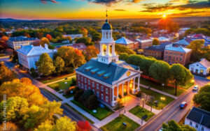 Aerial view of Fairfax County Courthouse at sunset, representing civic landmarks served by Bliss Products and Services in Fairfax, Virginia
