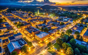 Aerial night view of Hillsboro, Virginia in Loudoun County – supported by Bliss Products and Services with inclusive playground and outdoor recreation solutions.