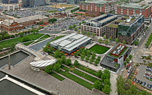 Aerial view of Southeast Washington DC waterfront redevelopment including Yards Park and modern buildings – image used by Bliss Products and Services.