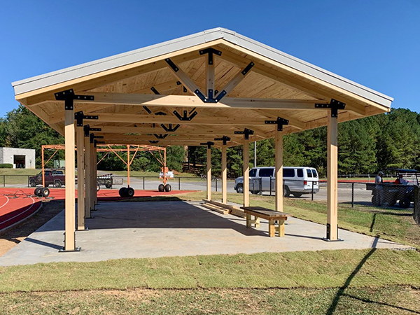 Side view of custom covered bridge by Bliss Products and Services at Chesapeake City Hall in Virginia