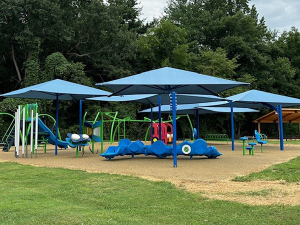Webster Park Playground – Jackson County NC | Bliss Products and Services Webster Park playground in Cullowhee Jackson County NC with shade structures and site furnishings by Bliss Products and Services