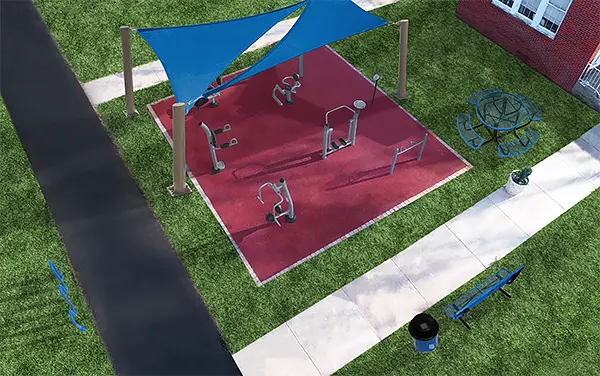 actionfit-fitness-court-render-with-triangle-sail-shade Rendering of a small outdoor fitness court under triangle sail shade
