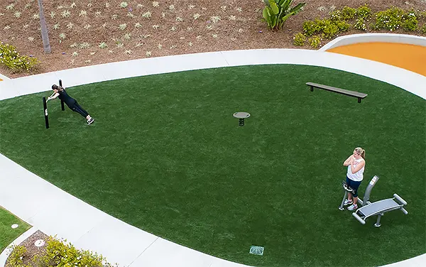 Aerial view showing a Balance Board, Sit-Up/Back Extension bench, and push-up station