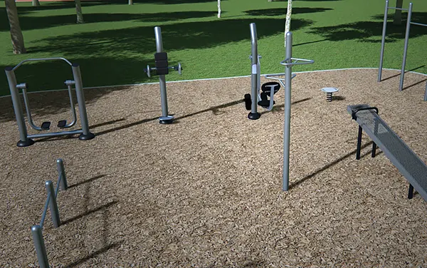 Rendered layout showing a vertical knee raise, agility ladder, cardio walker, sit-up bench, and balance disc, used as a product image for the Venetia card.