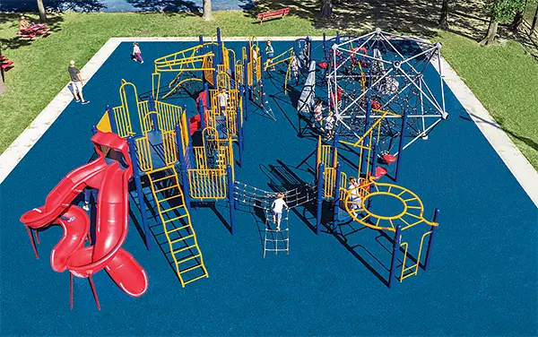 Overhead view of a rectangular playground with blue poured-in-place surfacing in Marengo County, Alabama, available from Bliss Products and Services in Siddonsville.