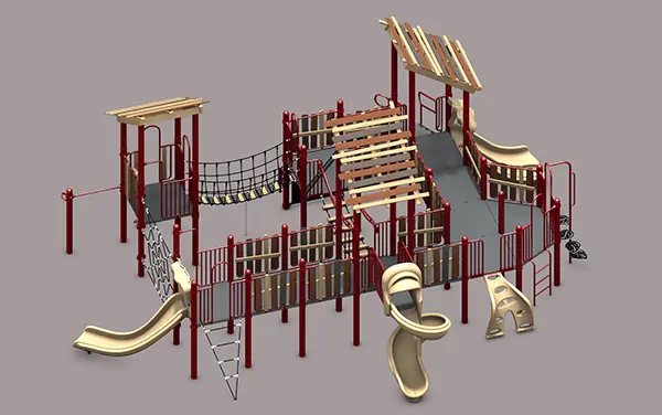 Ramped playground 3D render with slides, rope bridge, and trellis roofs by Bliss Products and Services.