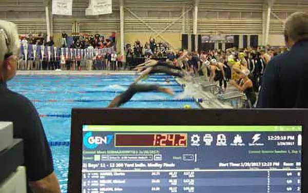 Gen7 swim meet timing software interface running during a race, available from Bliss Products and Services.