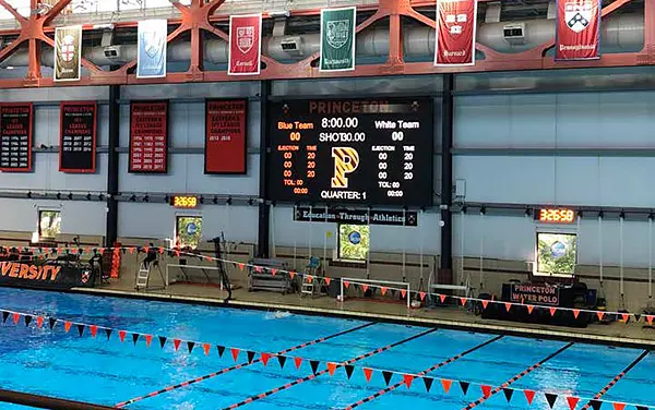 Indoor video board displaying a water polo scoreboard layout, shown for the Melrose community recreation card.