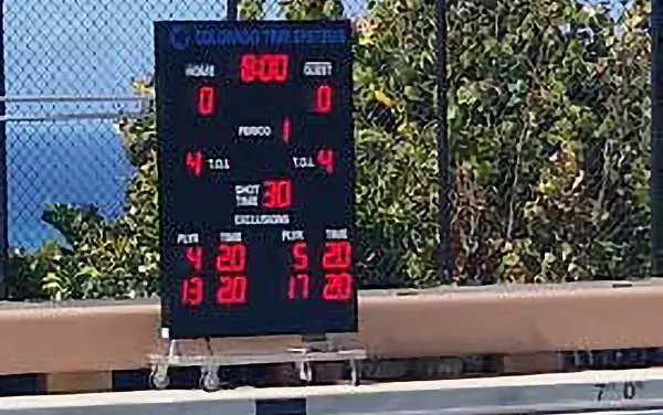 Portable Otter scoreboard on a caddy at an Alabama aquatic facility.