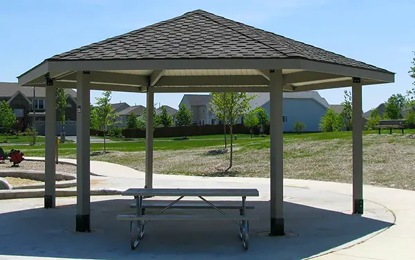 Hexagon wood gazebo with picnic table in Chambers County, Alabama, available from Bliss Products and Services.