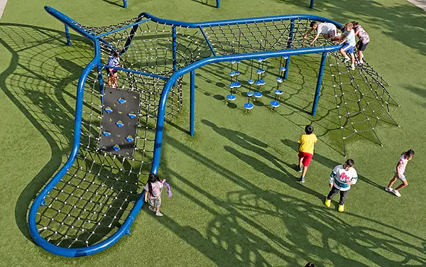 Aerial view of a multi-bay cable net obstacle course in Dothan, Henry County, Alabama, available from Bliss Products and Services.