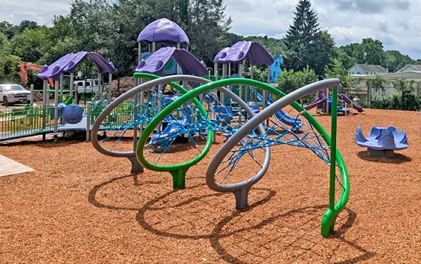 Arched cable net climbers at an accessible playground, available from Bliss Products and Services.