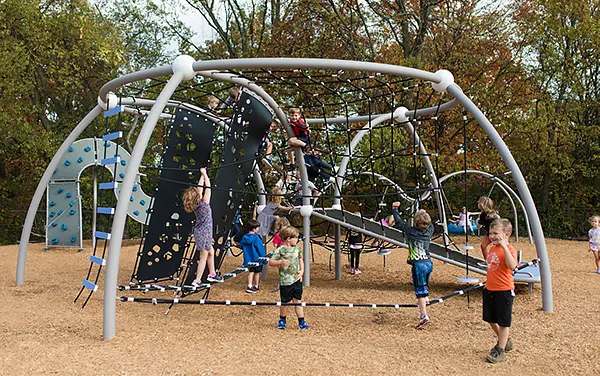 Cable dome net climber with molded climbing panels, available from Bliss Products and Services.