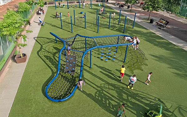 Multi-bay cable net obstacle course with overhead routes in Curbville, Perry County, Alabama, available from Bliss Products and Services.