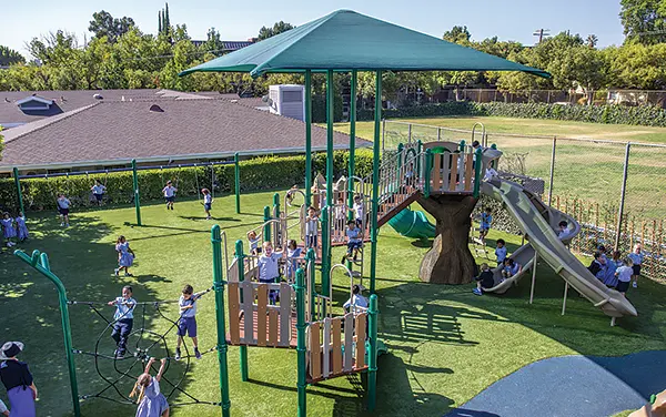 School playground with a tall central shade and tree-themed elements in Sand mountain, Bibb County, Alabama, available from Bliss Products and Services.
