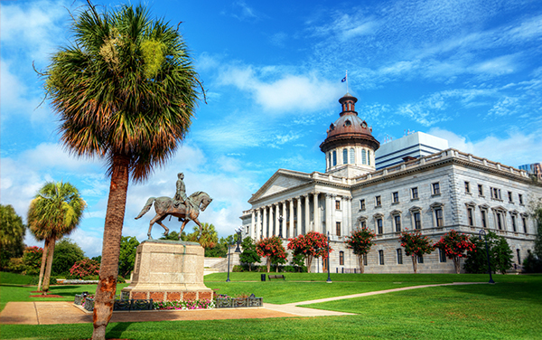 South Carolina State House with palmetto and statue in Columbia, representing the Midlands territory for Bliss Products and Services
