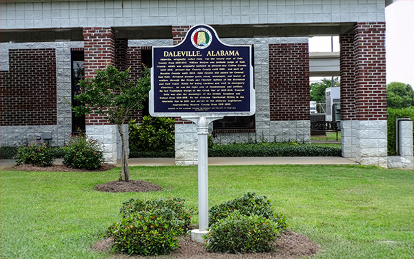 Daleville, Alabama historical marker in Dale County, in front of a brick municipal building. Used by Bliss Products and Services.