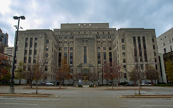 Jefferson County Courthouse in Birmingham, Alabama, Art Deco facade with central steps. Used by Bliss Products and Services.