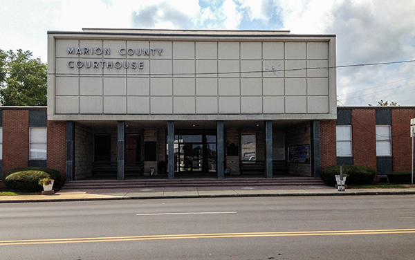 Marion County Courthouse in Hamilton, Alabama, mid-century facade with canopy entrance. Used by Bliss Products and Services.