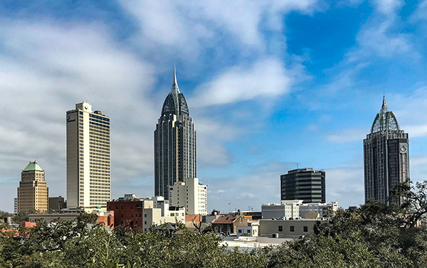 Downtown Mobile, Alabama skyline featuring the RSA Battle House Tower and other RSA towers. Used by Bliss Products and Services.