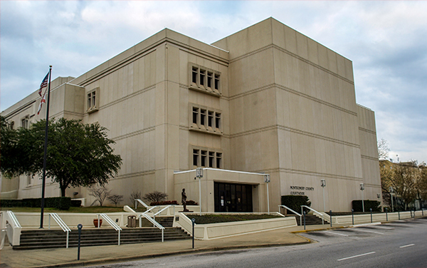 Montgomery County Courthouse in Montgomery, Alabama, modern facade with stepped entrances. Used by Bliss Products and Services.