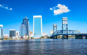 Jacksonville skyline with the blue Main Street Bridge over the St. Johns River, First Coast Florida, Bliss Products and Services