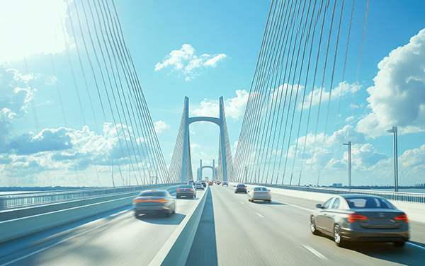 Sunshine Skyway Bridge over Tampa Bay Sunshine Skyway Bridge over Tampa Bay with cars crossing, Florida. Bliss Products and Services.