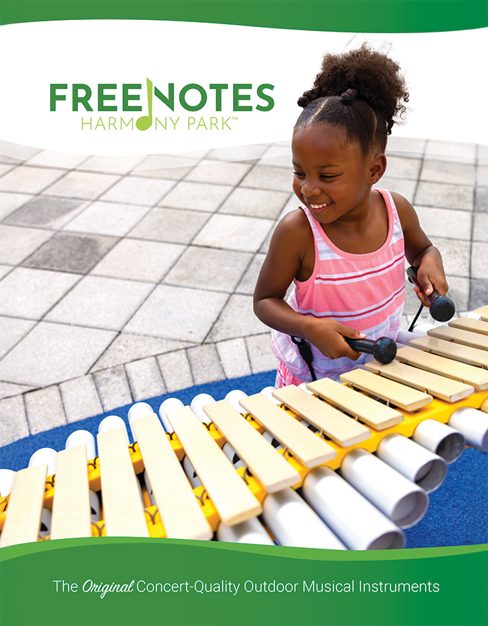 Freenotes Harmony Park outdoor musical instrument cover showing a child playing an outdoor xylophone with mallets - Bliss Products and Services