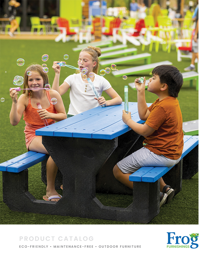 Frog Furnishings product catalog cover showing children blowing bubbles at a recycled plastic picnic table, available through Bliss Products and Services.