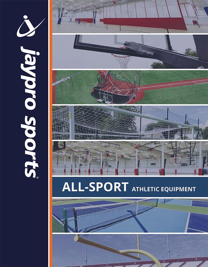 Jaypro Sports All-Sport athletic equipment catalog cover showing hoops, nets, and court equipment, available through Bliss Products and Services.