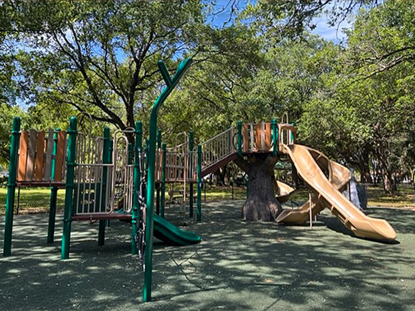 Nature-themed playground under mature trees with poured-in-place rubber surfacing, John Williams Park, Bliss Products and Services