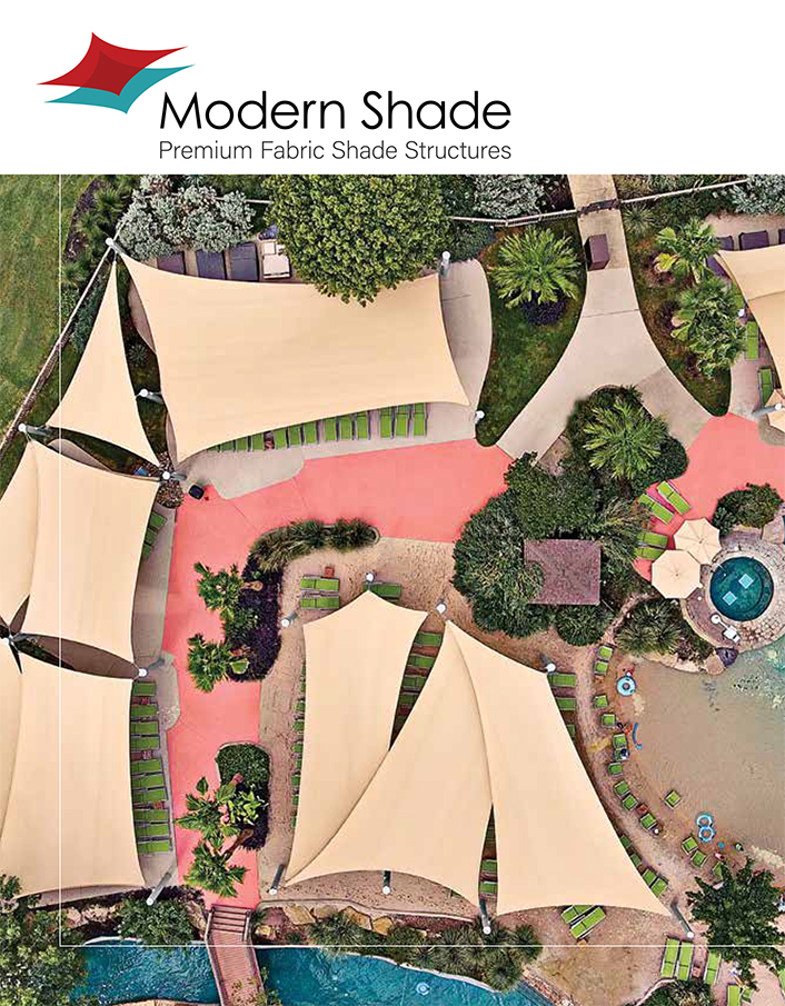 Modern Shade premium fabric shade structures shown from above with multiple shade sails over an outdoor space - Bliss Products and Services