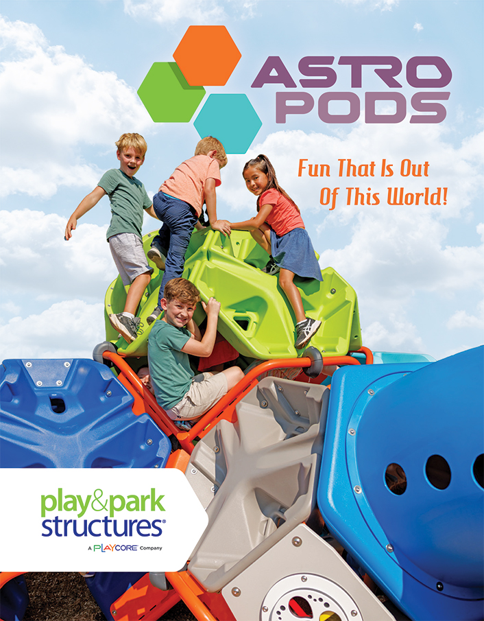 Play and Park Structures Astropods brochure cover showing children climbing on modular Astropods play pods - Bliss Products and Services