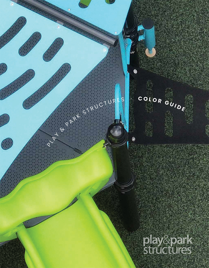 Play and Park Structures color guide cover showing playground deck panels and a green slide detail - Bliss Products and Services