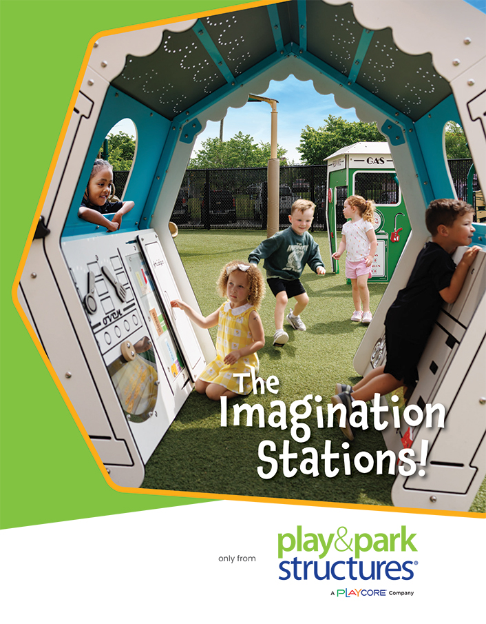 Play and Park Structures Imagination Stations brochure cover showing children in a hexagon playhouse with interactive panels and turf play area - Bliss Products and Services