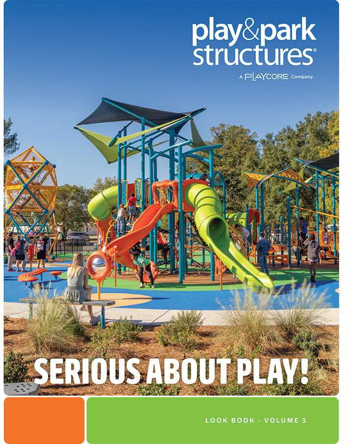 Play and Park Structures Look Book Volume 3 cover with a colorful playground, shade canopies, and tube slides - Bliss Products and Services