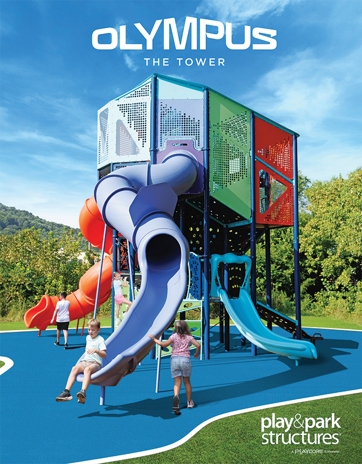 Play and Park Structures Olympus Tower playground with tube slides and climbing tower on blue safety surfacing - Bliss Products and Services