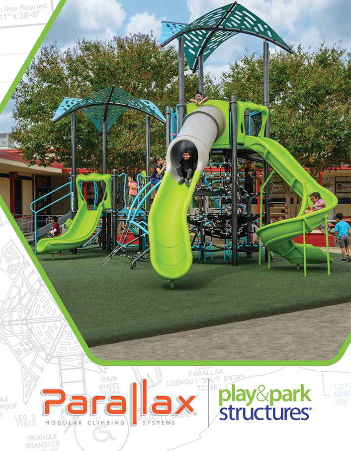 Play and Park Structures Parallax modular climbing system with green slides and shade toppers on a playground - Bliss Products and Services