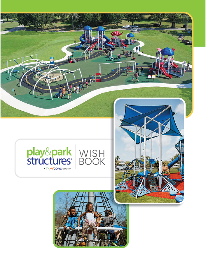 Play and Park Structures Wish Book cover featuring aerial playground views, shade canopies, and climbing elements - Bliss Products and Services