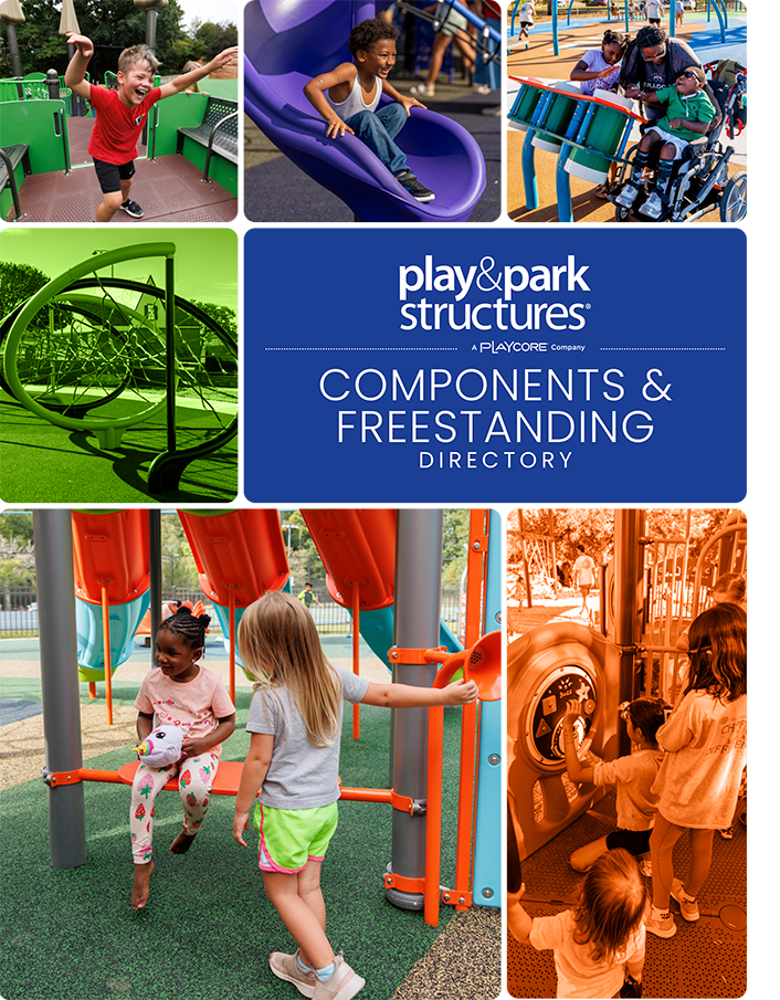 Play and Park Structures Components and Freestanding Directory cover with children using freestanding play elements, shared by Bliss Products and Services