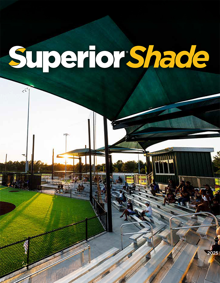 Superior Shade 2025 product catalog cover showing fabric shade structures over sports bleachers at sunset, available through Bliss Products and Services
