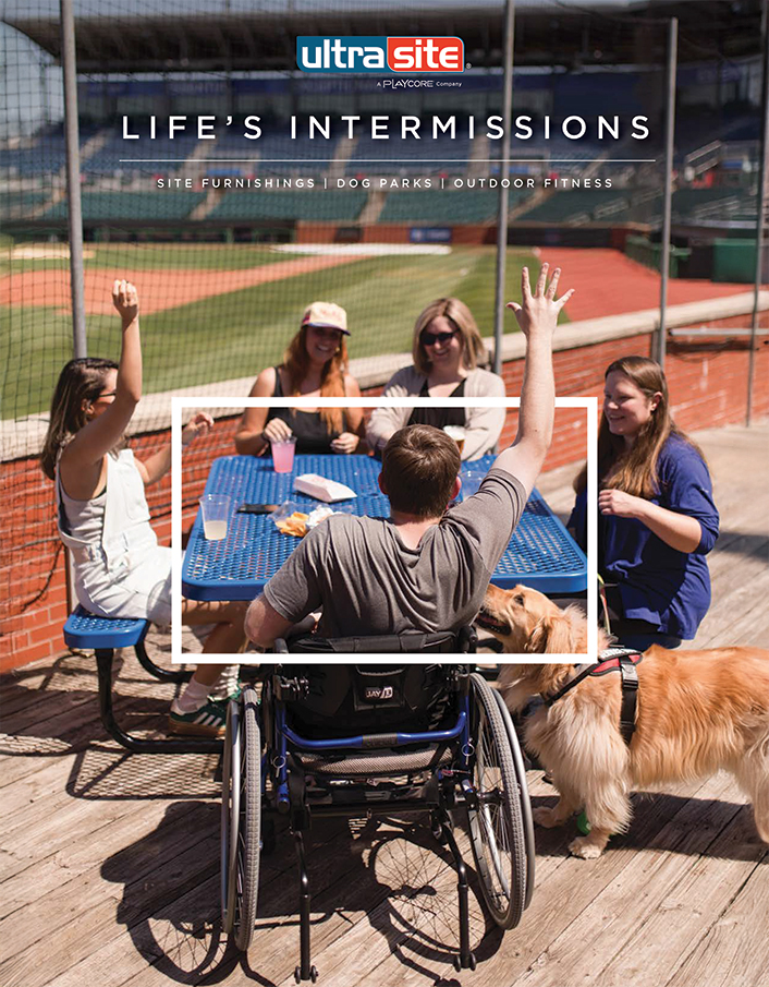 UltraSite Life's Intermissions catalog cover showing accessible picnic seating at a ballpark, available through Bliss Products and Services.